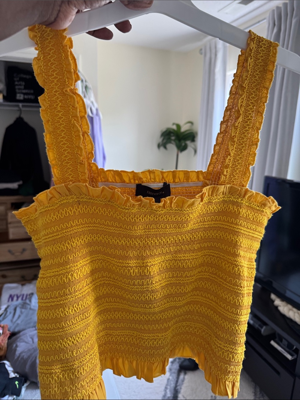 Forever 21 Bright Yellow Smocked Ruffle Crop Top